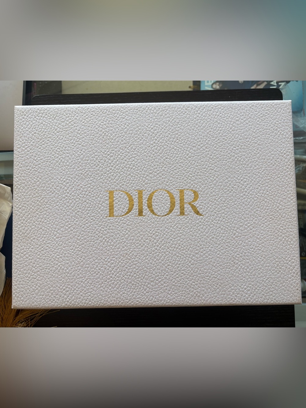 Dior large white textured box with shredded Dior tissue paper